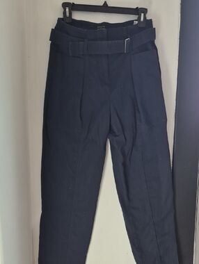 High-Waist Navy Belted Trousers for Women